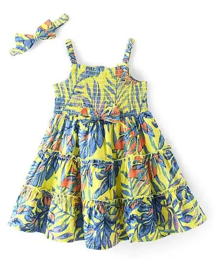 Babyhug 100% Viscose Woven Sleeveless Frock with Head Band Leaf Print -Yellow