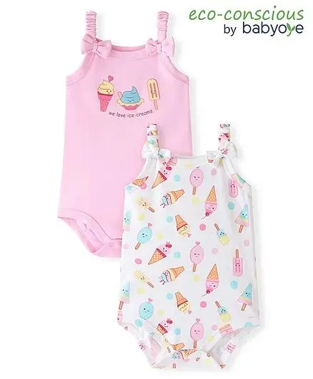 Babyoye Eco Conscious Cotton Knit Sleeveless Onesies Ice Cream Print with Bow Applique Pack of 2 - Pink & White