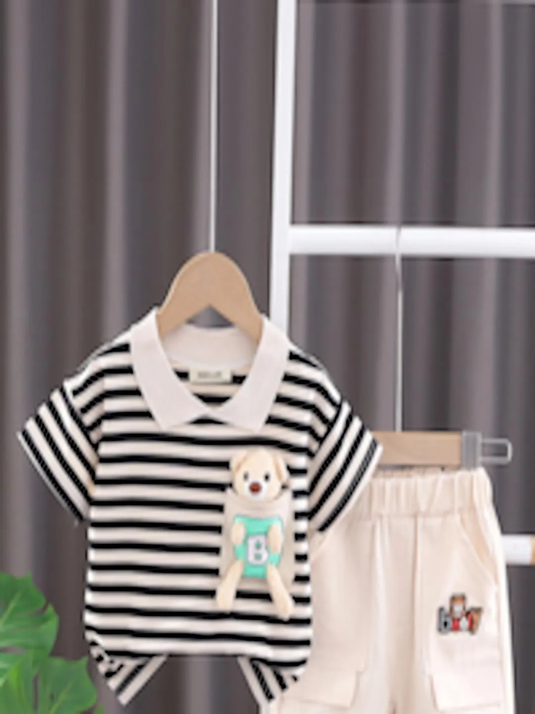 Boys Striped Polo Collar Top With Shorts