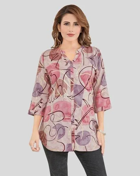 Women Printed A-Line Kurti with Mandarin Collar