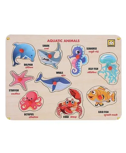 MINDMAKER - Wooden Puzzle with Knobs Educational and Learning Toy for Kids (Aquatic Animals) 9 Pieces