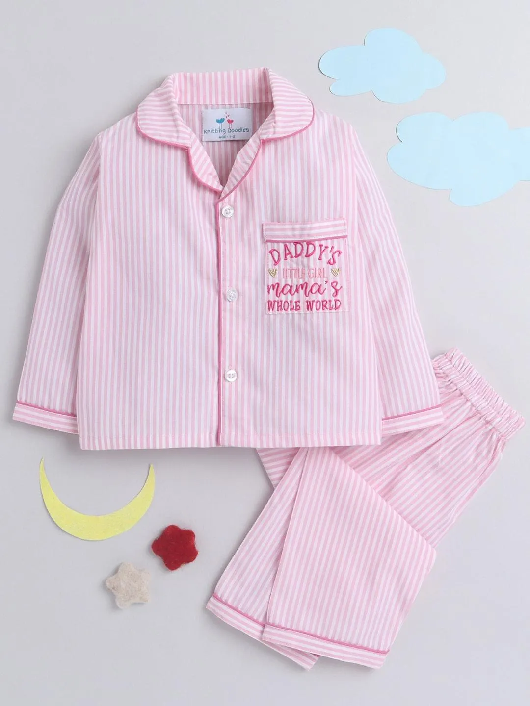 Kids Pink & Off White Striped Night suit