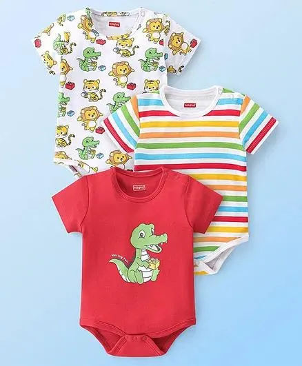 Babyhug 100% Cotton Knit Half Sleeves Onesies Striped & Crocodile Print Pack of 3 - Multicolour