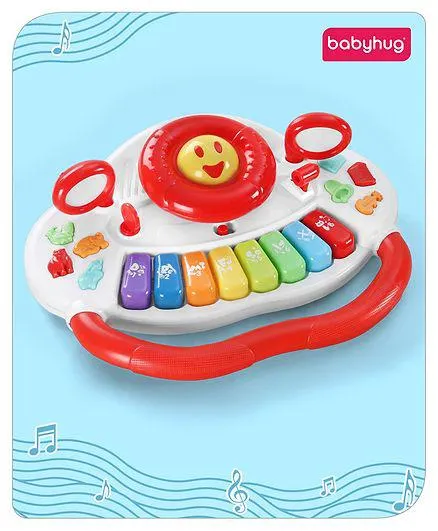 Babyhug Musical Piano With Steering Wheel Lights Animal Sounds Instrumental Tunes Volume Control Learn To Drive Early Educational Development Learning Toy - Red