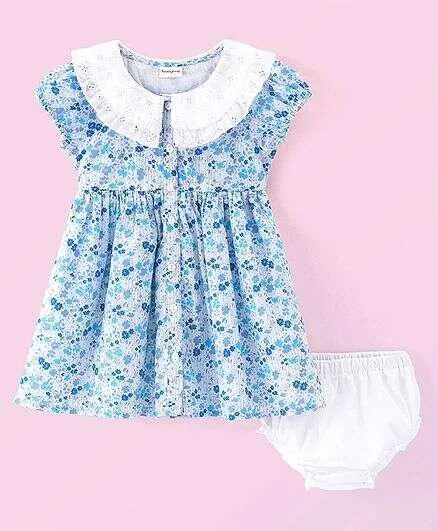 Babyhug 100% Cotton Poplin Woven Half Sleeves Frock With Bloomer Floral Print - Blue