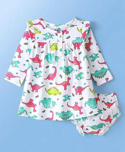 Doodle Poodle 100% Cotton Knit Full Sleeve Frock with Bloomer Dino Print- White