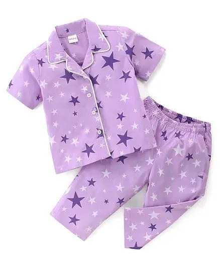 Babyhug Cotton Poplin Woven Half Sleeves Night Suit Star Print - Lavender
