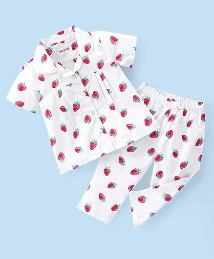 Babyhug Poplin Woven Half Sleeves Night Suit Strawberry Print - White