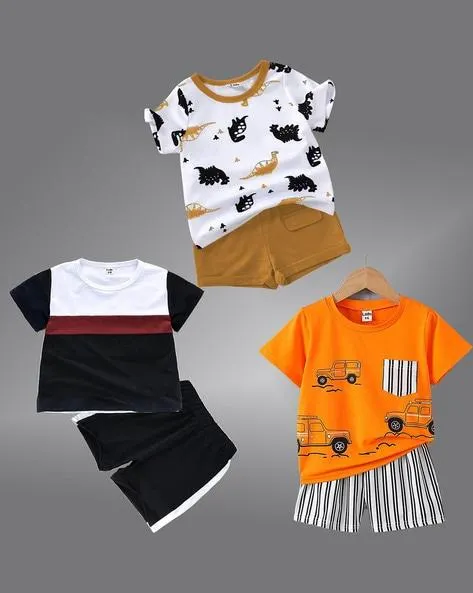 Pack Of 3 Graphic Print T-Shirt & Shorts Set