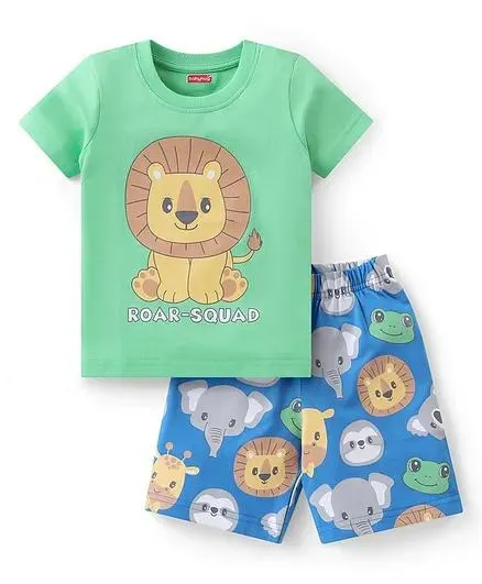 Babyhug Cotton Knit Half Sleeves Night Suit With Animal Print - Green & Blue