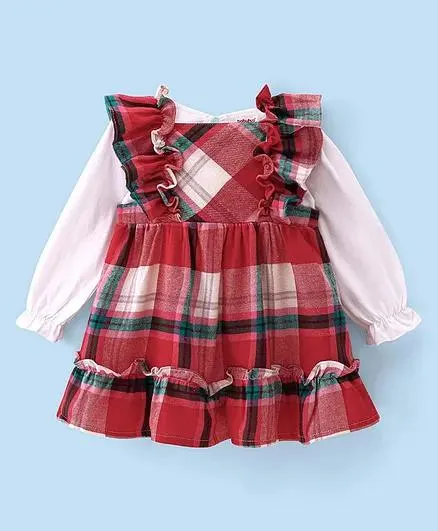 Babyhug 100% Cotton Metallic Yarn Woven Checkered Frock with Full Sleeves Inner Tee - Red