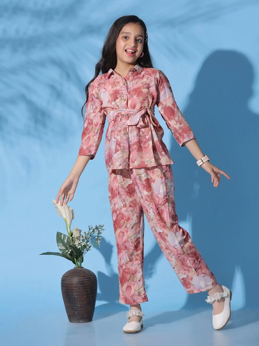 Girls Shirt Collar Abstract Printed Top with Trousers