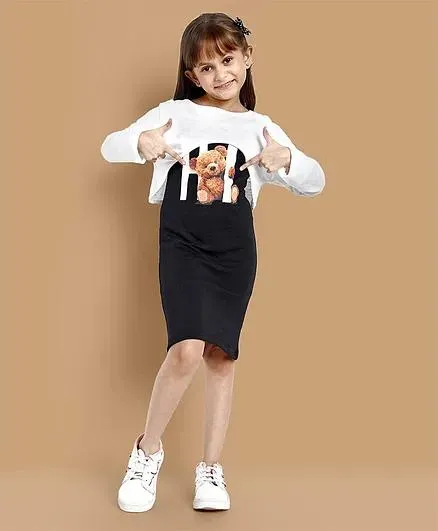 Little Marine Full Sleeves Solid Crop Tee With Hi Teddy Printed A Line Dress - Black
