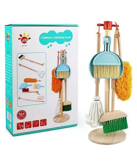 HAPPY HUES Cleaning Toy Set for Toddlers 5 Piece Kids Cleaning Set Includes Broom Brush Dustpan Mop Duster and Hanging Stand Housekeeping Kit of 8 Pieces- Multicolor