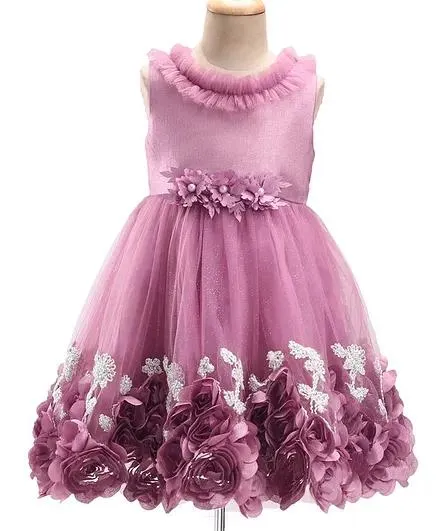 Babyhug Sleeveless Floral & & Pearl Embellishment Fit & Flared Party Frock - Mauve