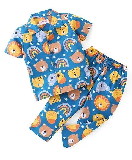 Babyhug Poplin Woven Half Sleeves Night Suit Bear Print - Blue