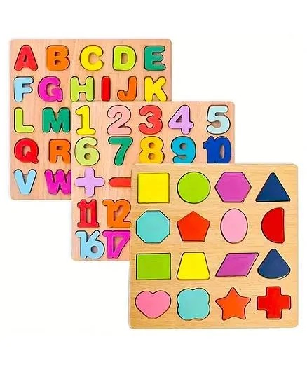 WISHKEY Wooden 3D Capital Alphabets, Numbers, and Shapes Board Puzzle Toy, Educational Toy Puzzles for Early Learning, Colorful Toy, Montessori Toy for Pre-Schooler Kids, Multicolor (Pack of 3)