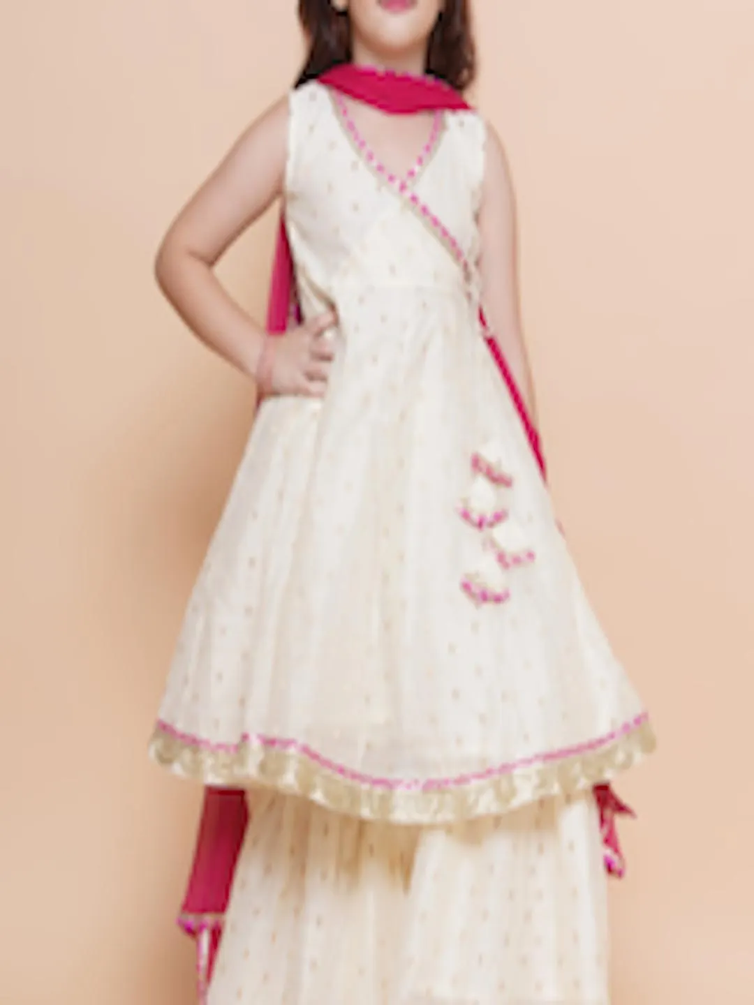 Girls Woven Design Angrakha Gotta Patti Kurta with Sharara & Dupatta