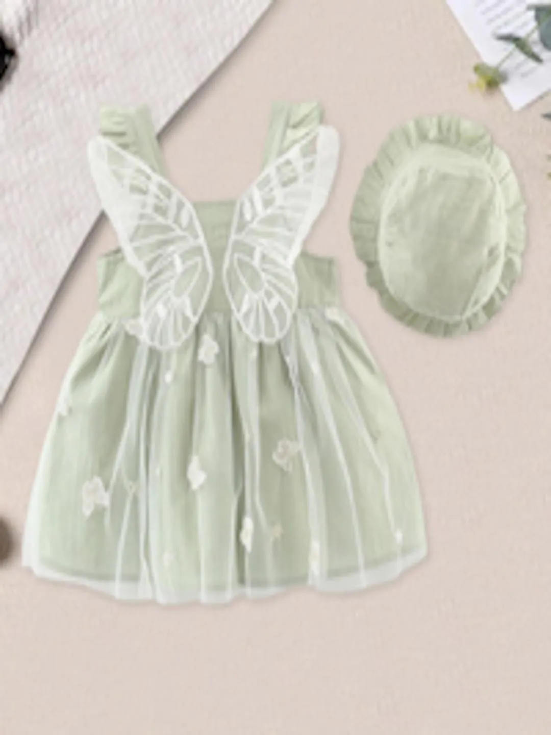 Girls Self Designed Net A-Line Dress With Hat