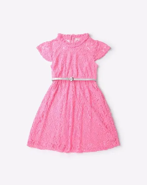 Floral Lace A-Line Dress with Belt