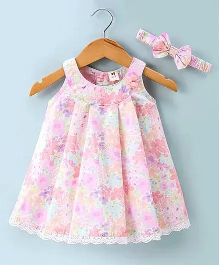 ToffyHouse 100% Woven Sleeveless Frock with Headband Yarn Dyed Floral Printed Fabric - Multicolour