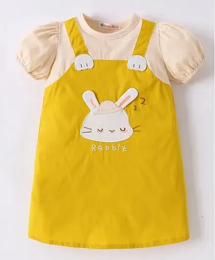 Kookie Kids Half Sleeves Frock with Rabbit Applique - Yellow