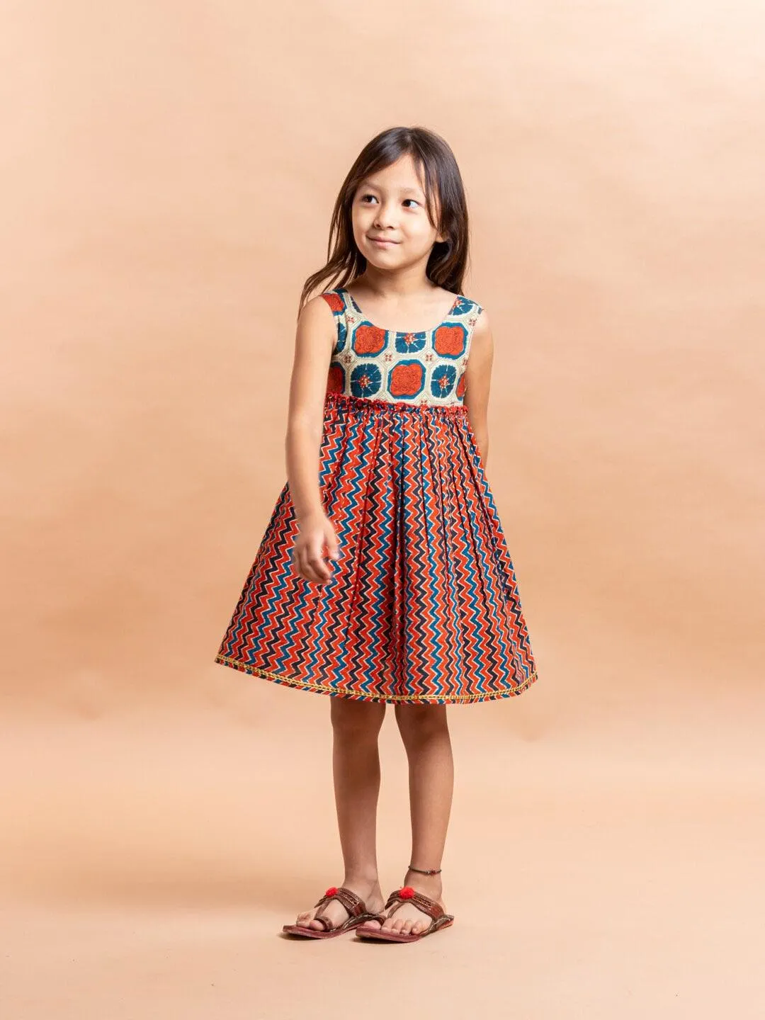 Girls Rust & Blue Chevron Printed Pure Cotton Fit & Flare Dress