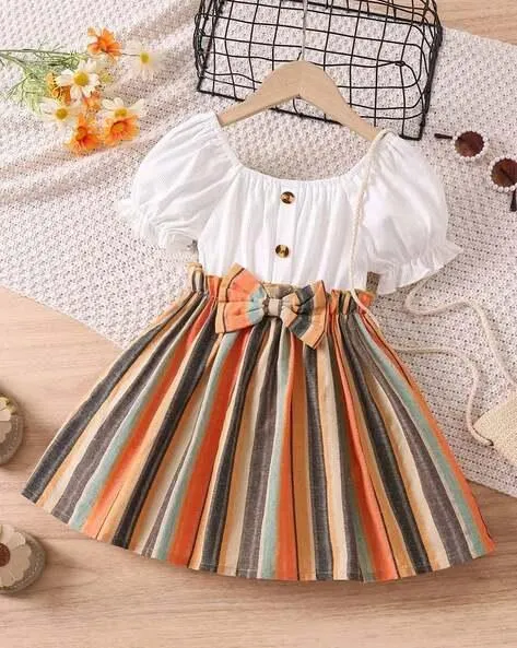 Striped Fit & Flare Dress with Bow Accent