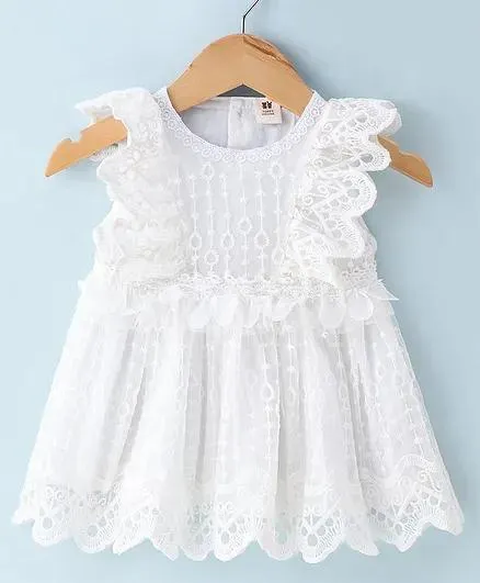 ToffyHouse 100% Woven Yarn Frill Sleeves Frock with Schiffili Design - White