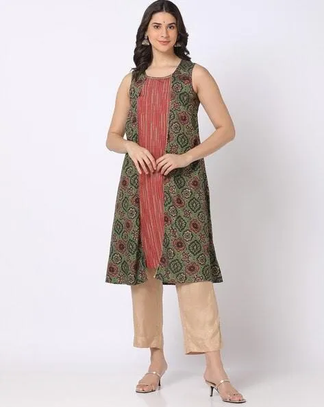 Printed Mock Layered A-Line Kurta