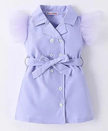 Kookie Kids Frill Sleeves Solid Colour Frock with Belt - Purple