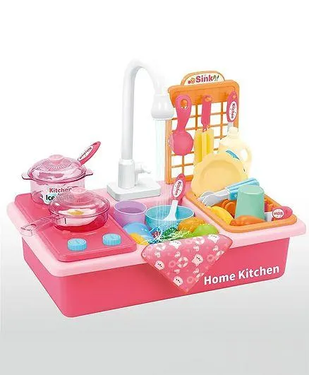Happy Hues Kids Simulation Kitchen Dishwasher Set with Running Water- Accessories Includes Play Food & Utensils-Pretend Play Kitchen Toys- 35 Pcs-Pink