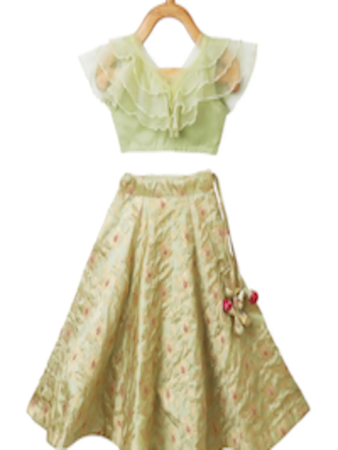 Girls Green Sleeveless Floral Printed Lehengas & Blouses Set