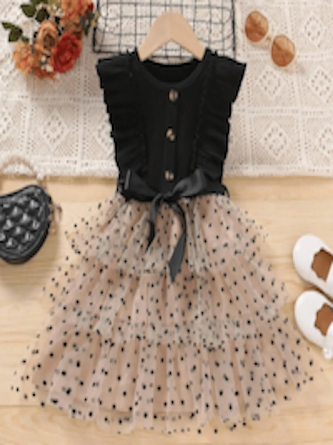 Girls Floral Dot Printed Bow Embellished Fit & Flare Dress