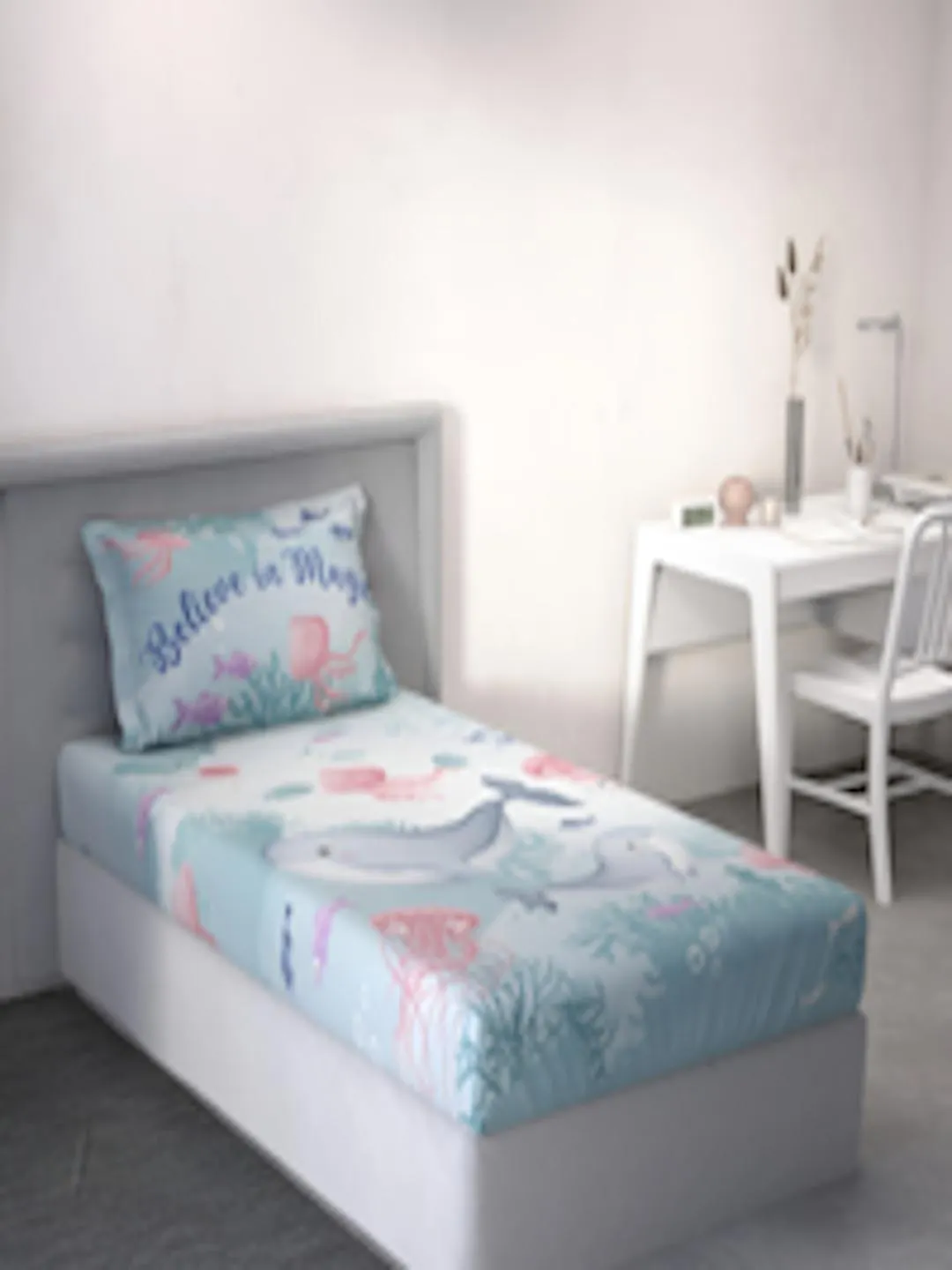 Blue & Pink Cartoon Characters Cotton 144 TC Single Bedsheet With 1 Pillow Cover