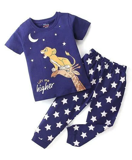 Babyhug Disney 100% Cotton Knit Single Jersey Half Sleeve Night Suit with Lion King Graphics - Navy Blue