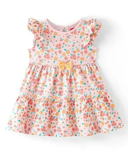 Babyhug 100% Cotton Jersey Frill Sleeves Frock with Floral Print With Bow Applique- Peach