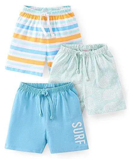 Babyhug Cotton Single Jersey Knit Shorts Stripes & Text Print Pack Of 3 - Blue