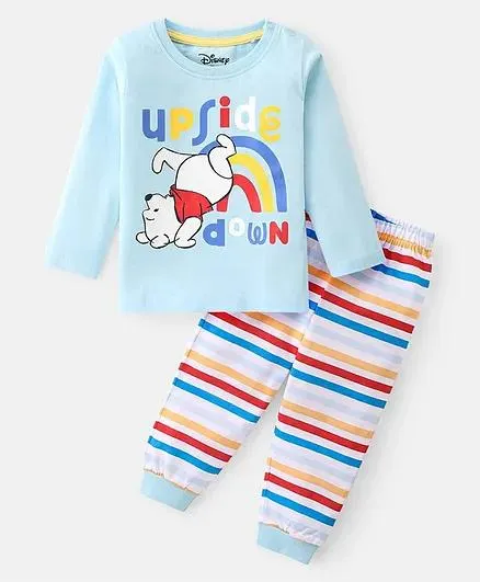 Babyhug Disney Cotton Knit Single Jersey Full Sleeve Night Suit With Winnie The Pooh Graphics - Blue