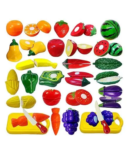 FunBlast Realistic Fruits & Vegetables Toys Play Set with Chopping Board & Knife - Multicolour