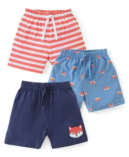 Babyhug Cotton Single Jersey Knit Shorts Stripes & Fox Print Pack Of 3 - Blue White & Orange