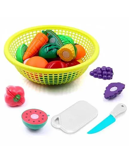 Aditi Toys Fruits and Vegetables Set in One Basket with Chopper Board & Knife for Kids, Fruit & Vegetable Combo Basket for Kids , BIS Approved (Yellow)