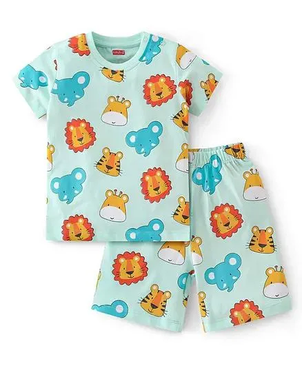 Babyhug Single Jersey Knit Half Sleeves Short Sets Wild Animal Print - Blue