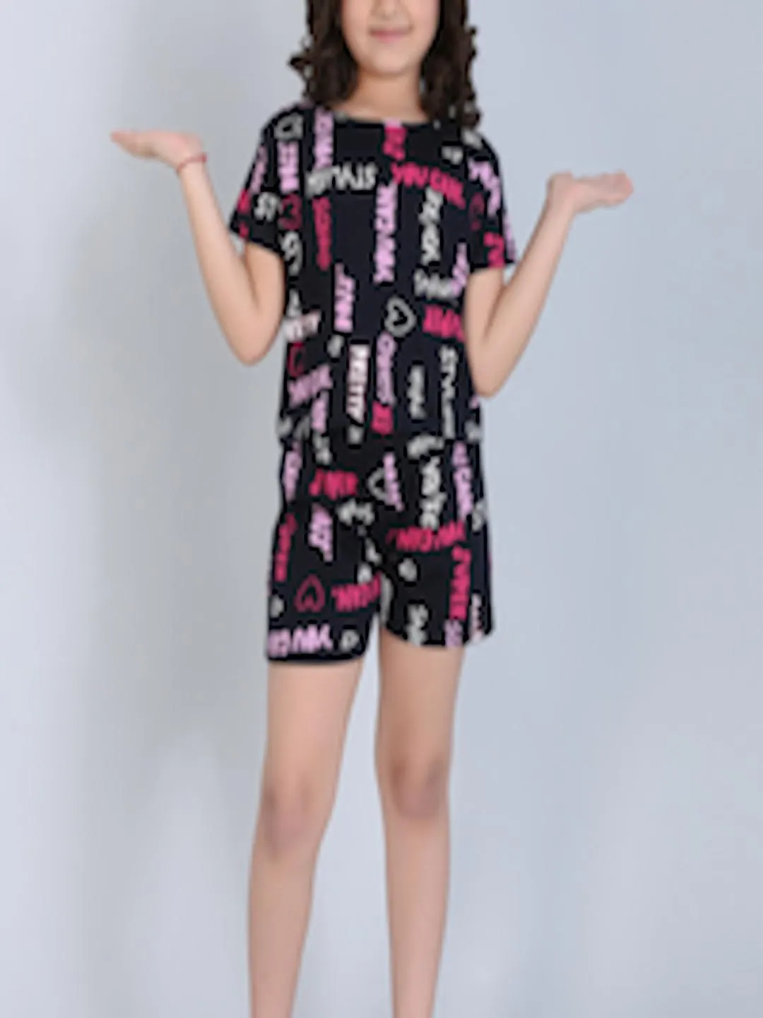 Girls Typography Printed Pure Cotton T-shirt With Shorts