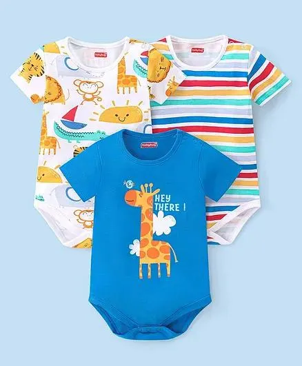 Babyhug 100% Cotton Knit Half Sleeves Onesies Animal Print Pack of 3- Multicolor