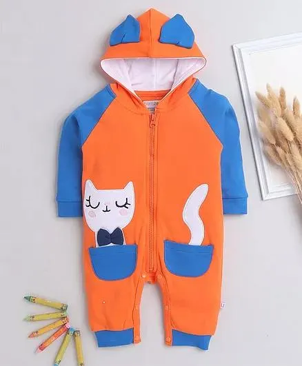 BUMZEE Full Sleeves Kitten Patch Detail Hooded Sleep Suit Romper - Orange