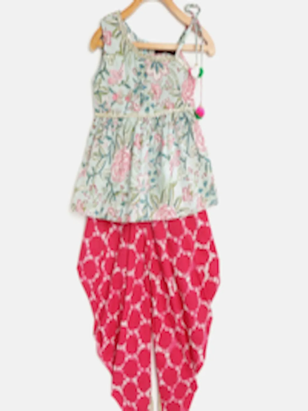 Girls Green & Pink Floral Print Kurti with Dhoti Pants