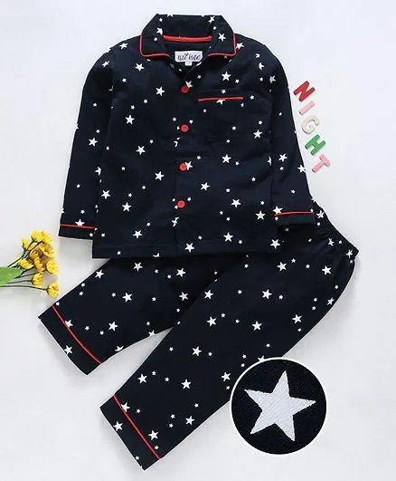Nite Flite Star Print Full Sleeves Night Suit - Navy Blue
