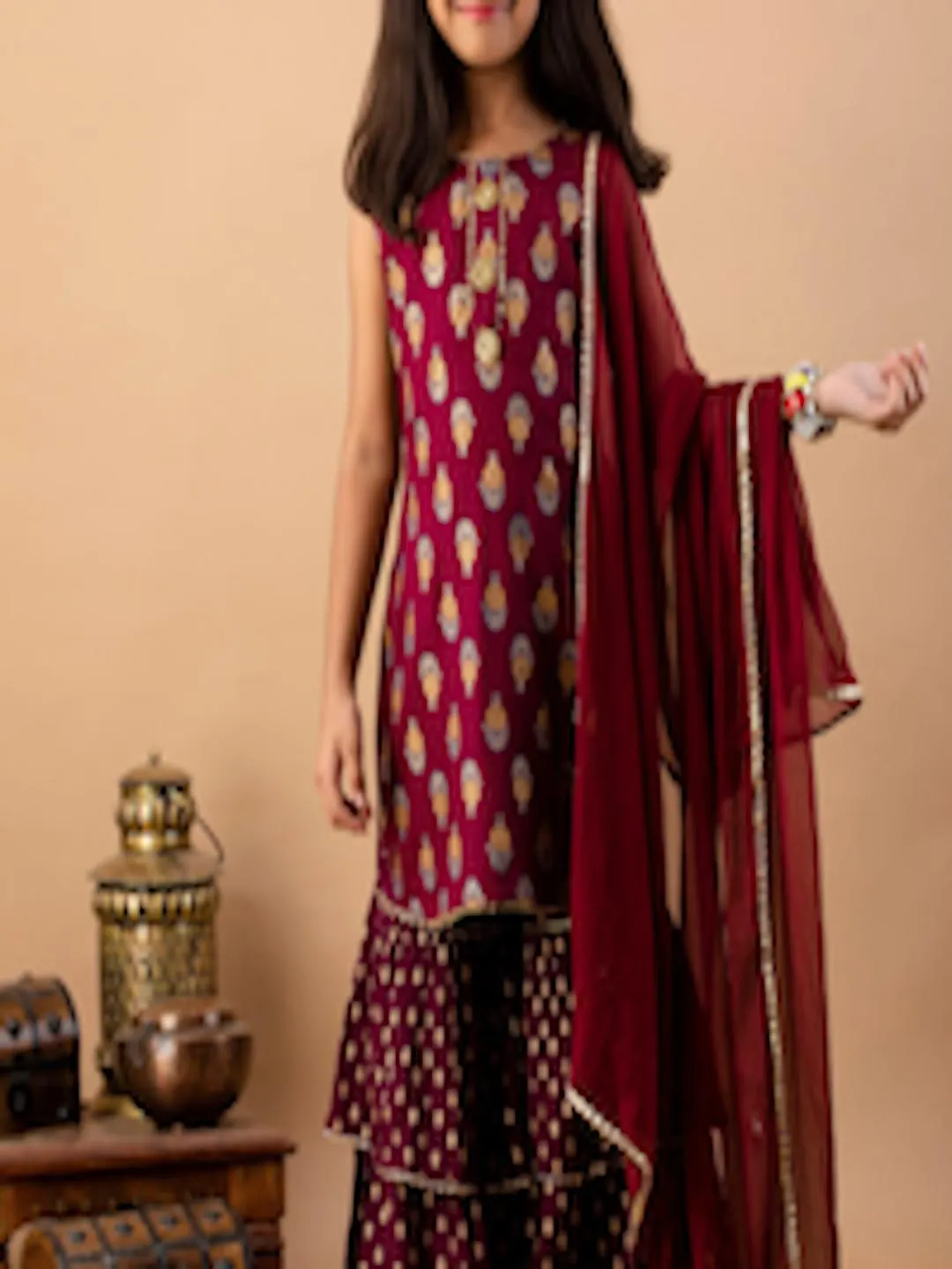 Girls Maroon Ethnic Motifs Kurti with Sharara