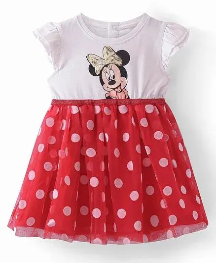 Babyhug Disney Sleeves Frock with Mesh & Frill Detailing Minnie Mouse Graphics - White